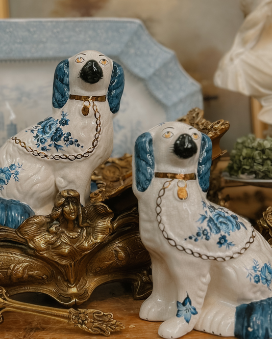 Pair of Antique Blue and White Floral Staffordshire Dogs