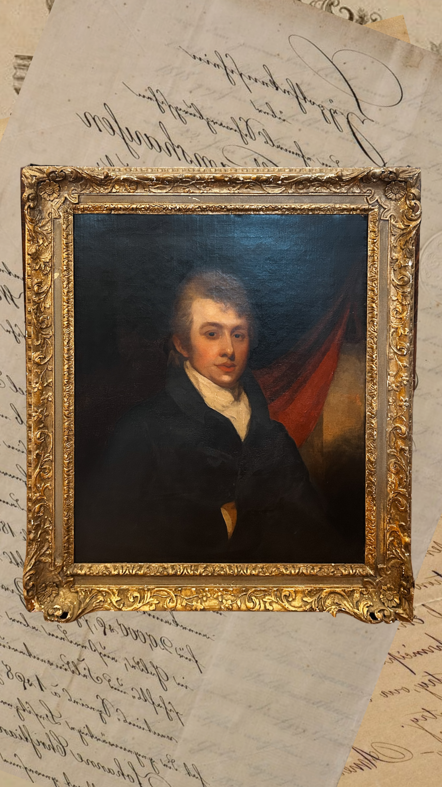 Pair: Antique Portrait of a Well-to-Do Woman in Red, wearing a Choker Necklace AND Late 18th C English School Portrait of Thomas Kindred