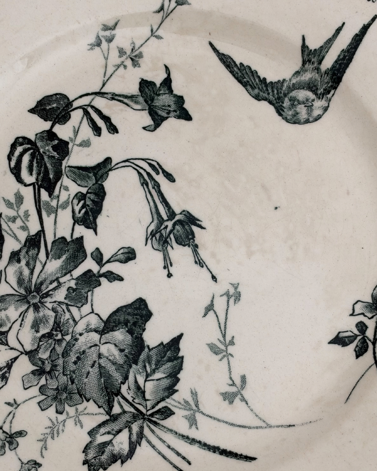 Antique French Green Floral and Bird Terre de Fer Transferware Plate with E. Bourgeois Stamp