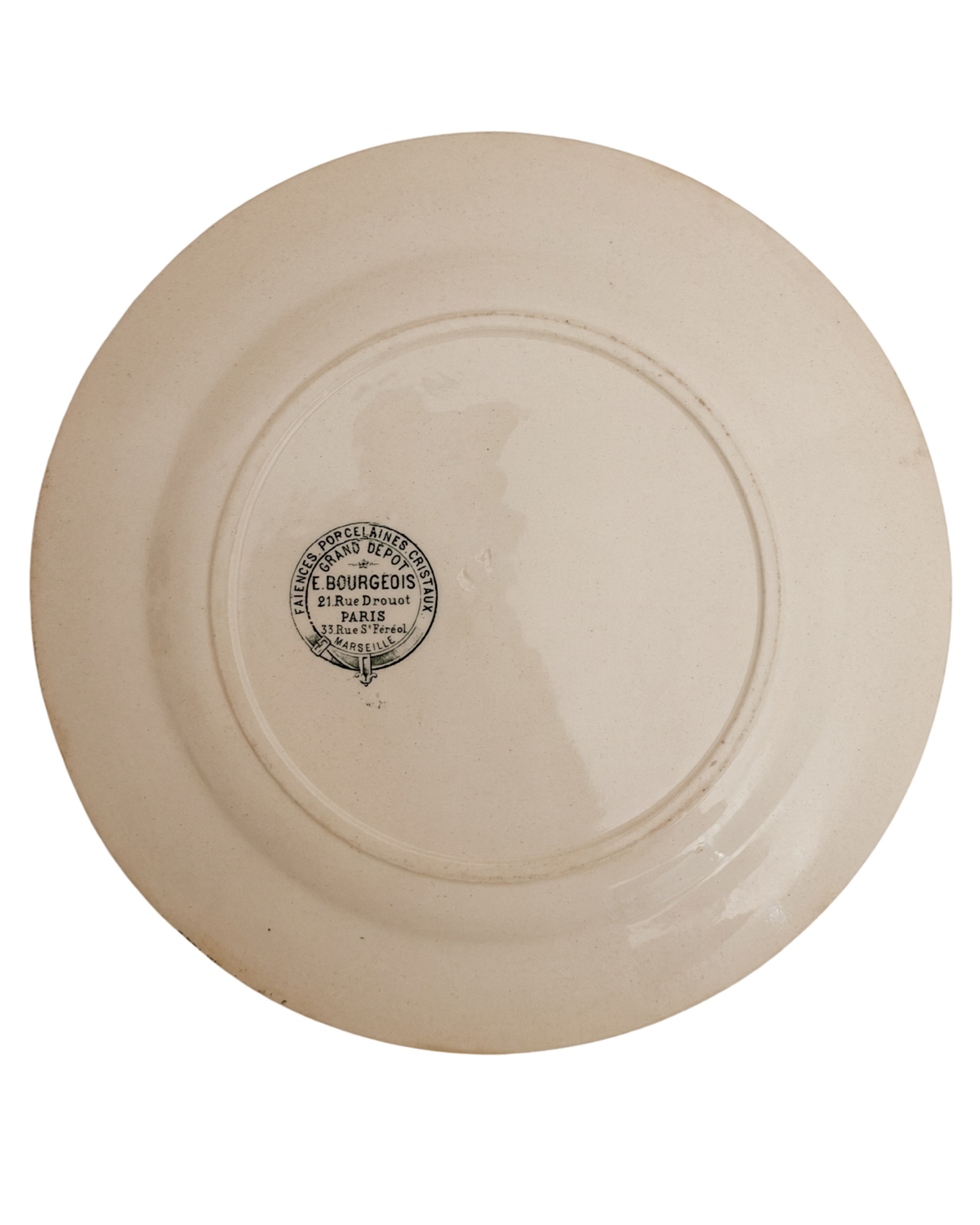 Antique French Green Floral and Bird Terre de Fer Transferware Plate with E. Bourgeois Stamp