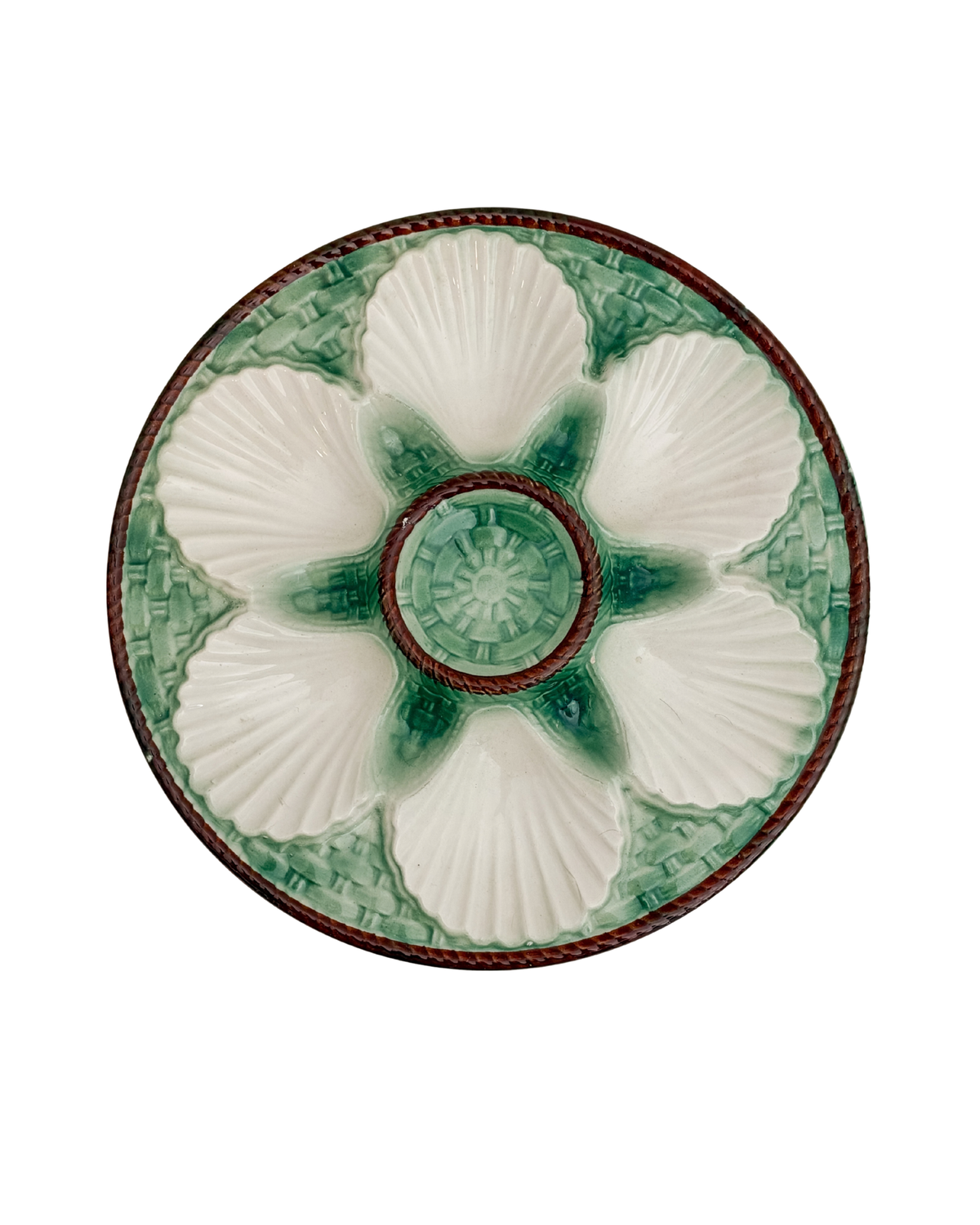 Vintage French Majolica Oyster Plate with Green Basketweave and Shell Wells