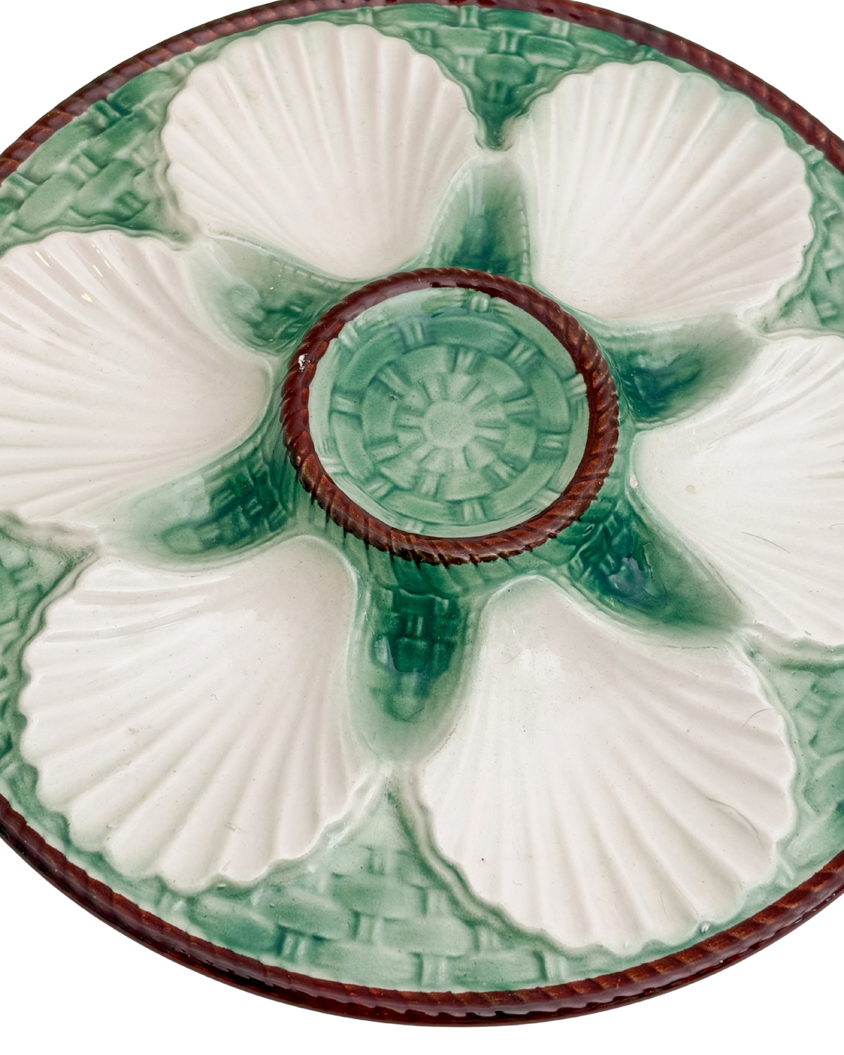 Vintage French Majolica Oyster Plate with Green Basketweave and Shell Wells