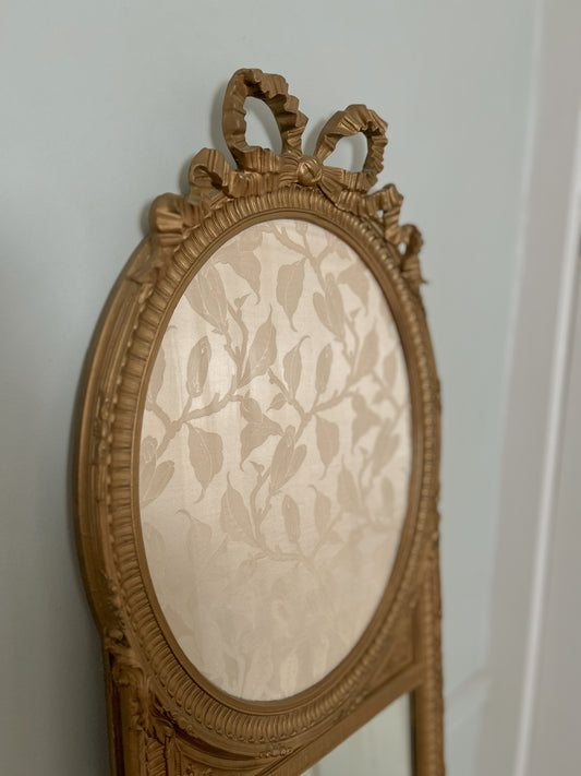 Antique Late 19th/ Early 20th Century Louis XVI Gilt Trumeau Mirror with Antique French Silk Fabric