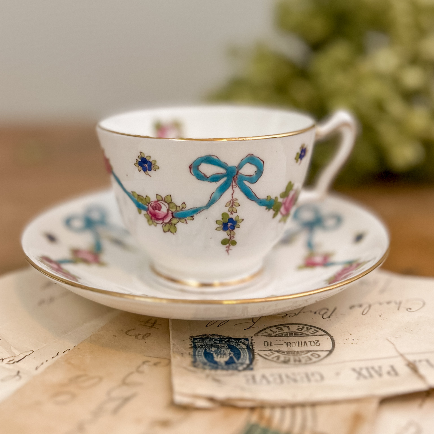 Staffordshire Fine Bone China Ribbon & Rose Teacup and Saucer