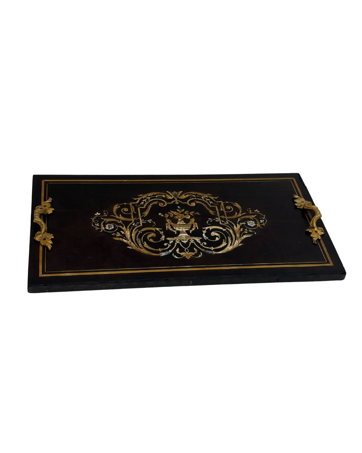 Antique 19th C. Napoleon III Wooden Tray with Brass and Mother-of-Pearl Scrollwork Inlay