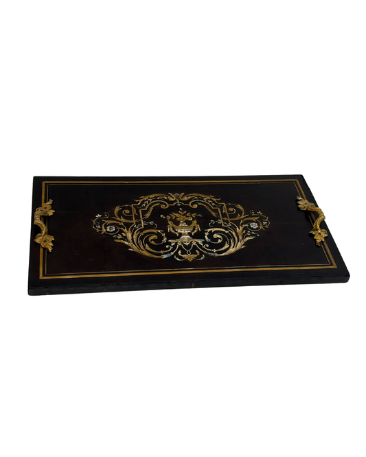 Antique 19th C. Napoleon III Wooden Tray with Brass and Mother-of-Pearl Scrollwork Inlay