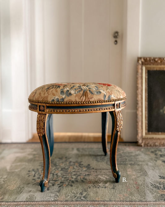 Vintage French Provincial Stool with Tapestry Fabric Upholstery