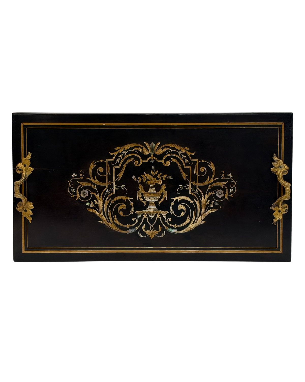 Antique 19th C. Napoleon III Wooden Tray with Brass and Mother-of-Pearl Scrollwork Inlay