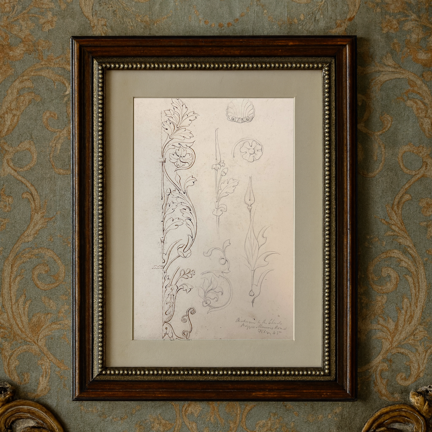 HB Garling Architectural Sketch – Ornamental Floral and Shell Motifs, 1845