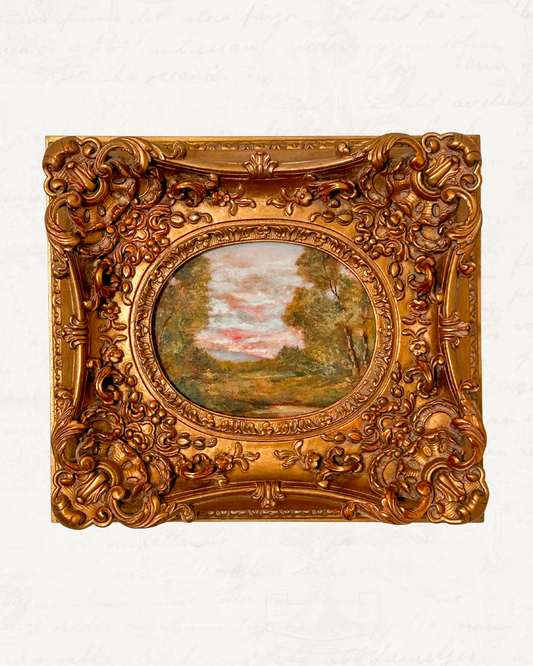 Antique Early 1900s Oil on Board | Pink Sky Landscape