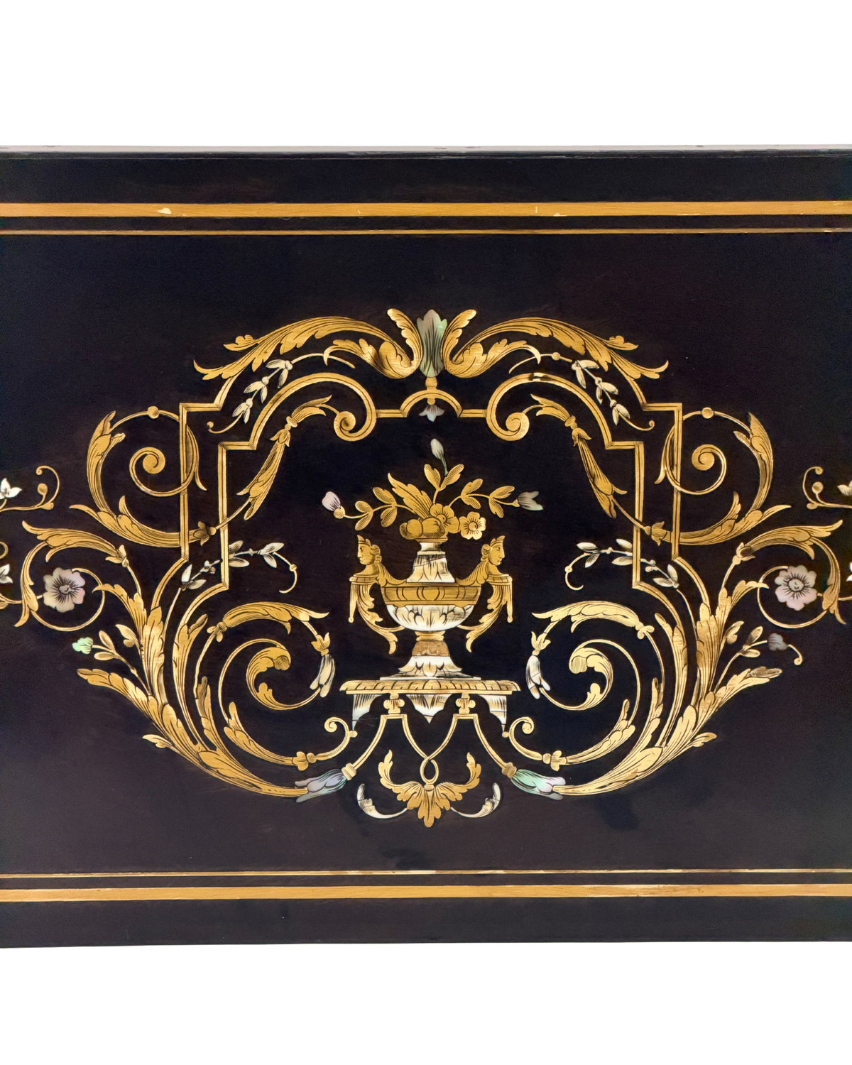 Antique 19th C. Napoleon III Wooden Tray with Brass and Mother-of-Pearl Scrollwork Inlay