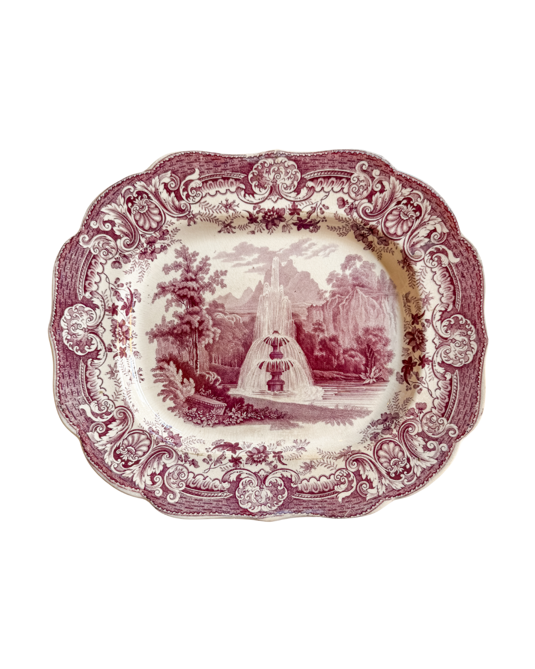 Antique E. Wood & Sons “Fountain” Mulberry Transferware Platter