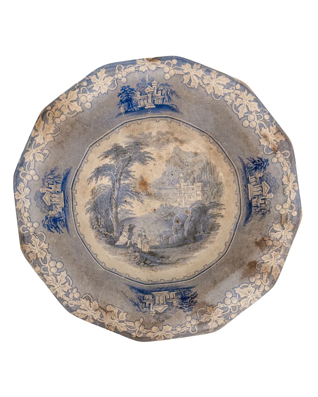 Antique English Transferware Blue & White Basin *stained & crazed