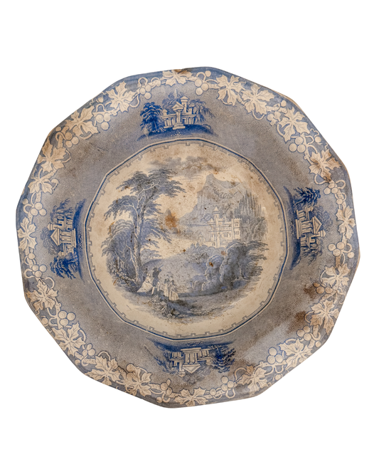 Antique English Transferware Blue & White Basin *stained & crazed