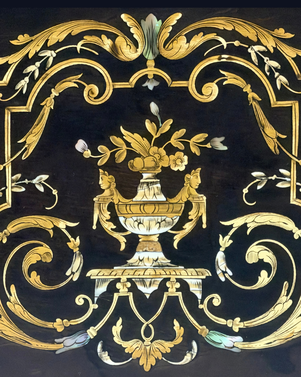 Antique 19th C. Napoleon III Wooden Tray with Brass and Mother-of-Pearl Scrollwork Inlay