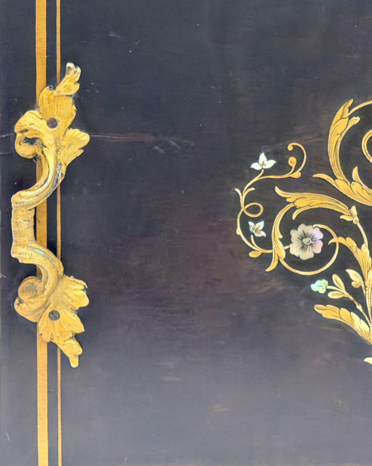 Antique 19th C. Napoleon III Wooden Tray with Brass and Mother-of-Pearl Scrollwork Inlay