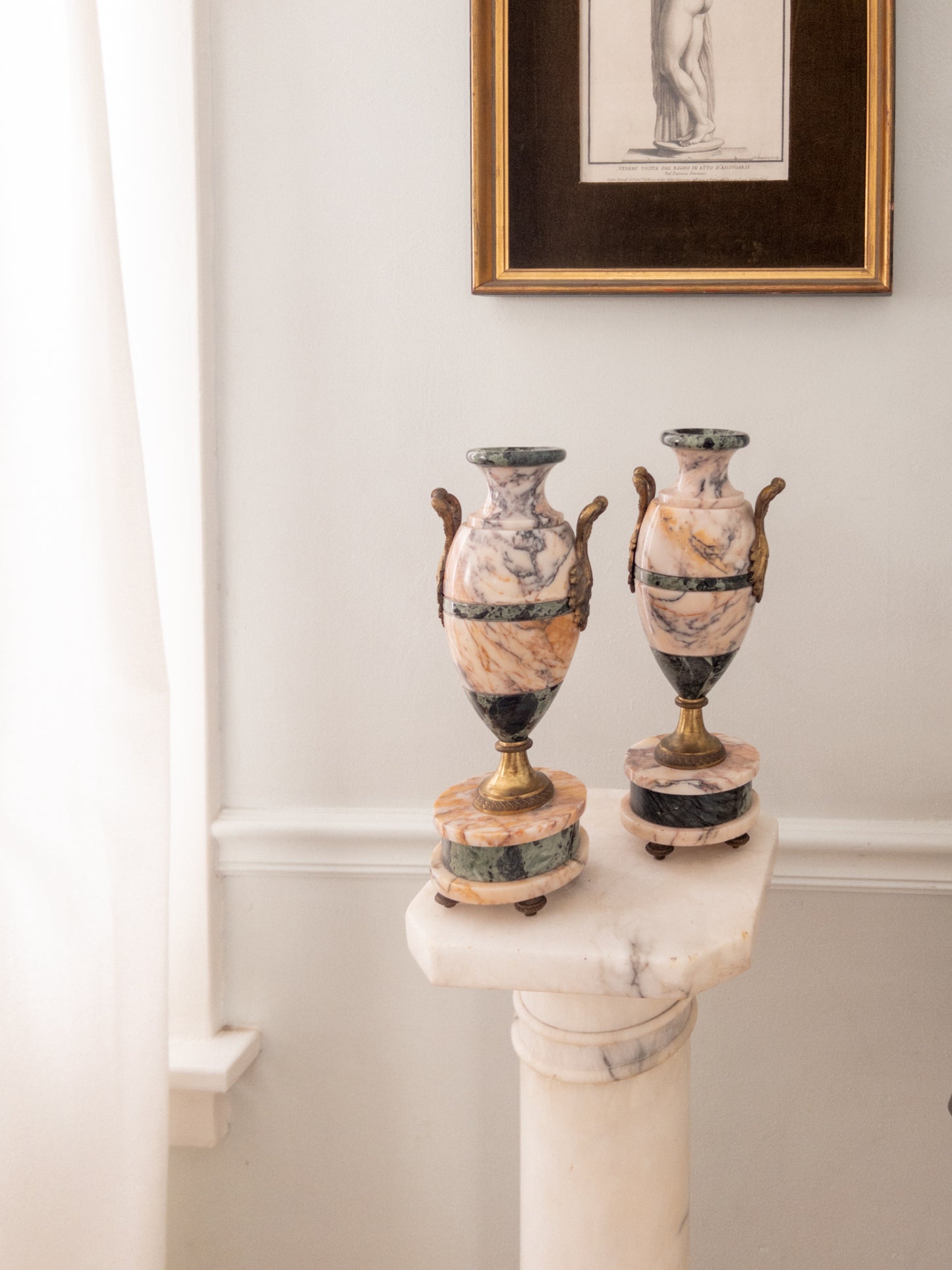 Pair of Marble Cassolettes with Bronze Handles