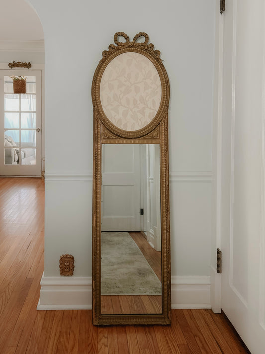 Antique Late 19th/ Early 20th Century Louis XVI Gilt Trumeau Mirror with Antique French Silk Fabric