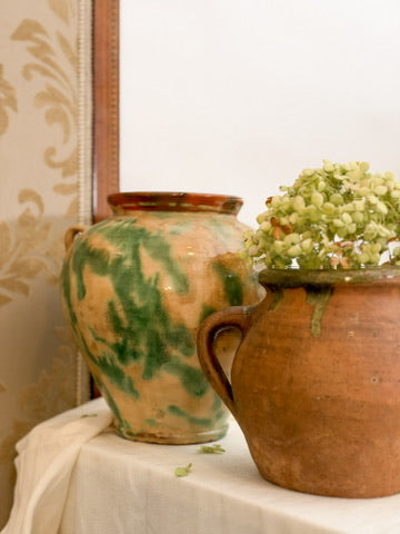 Antique French Green Drip on Yellow Provencal Confit w tiny handles