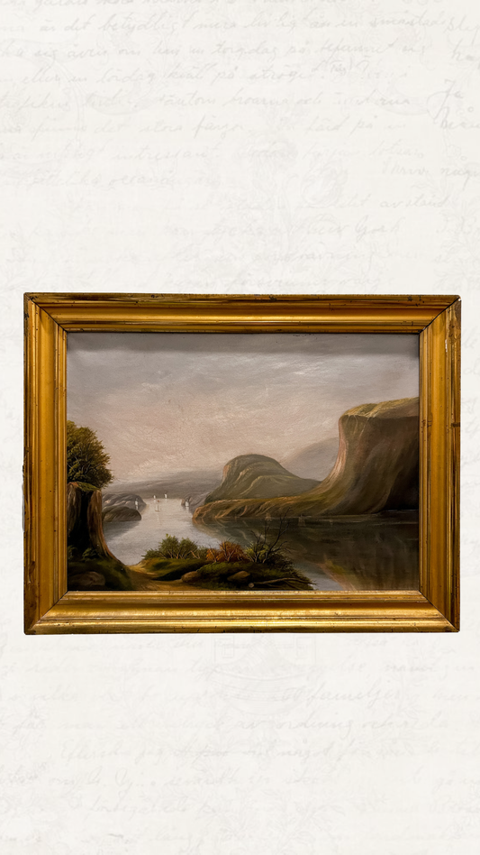 Antique Oil on Canvas Painting - Sailboats on the Ciffside River *minor wear to frame