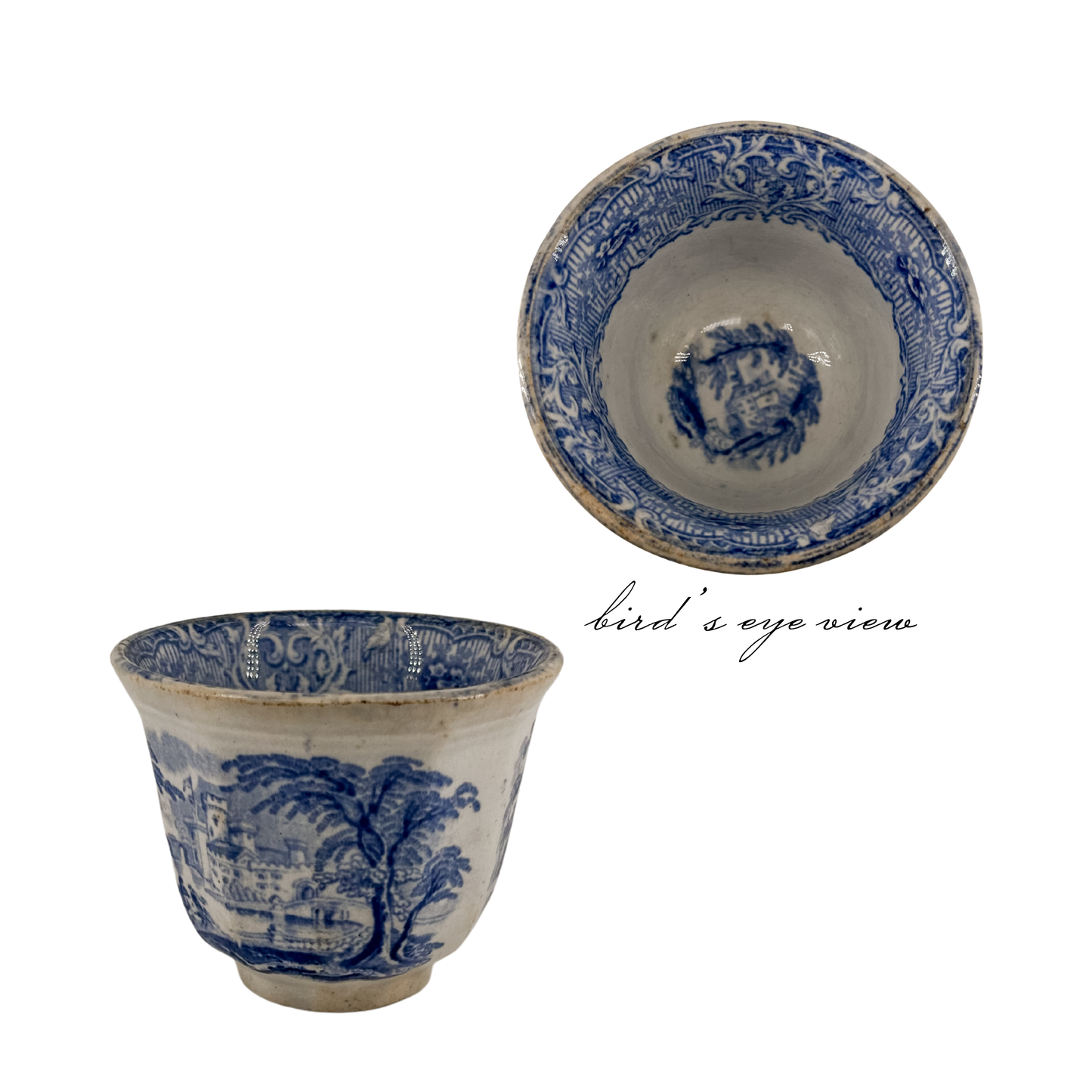Antique blue & white transferware handleless cup