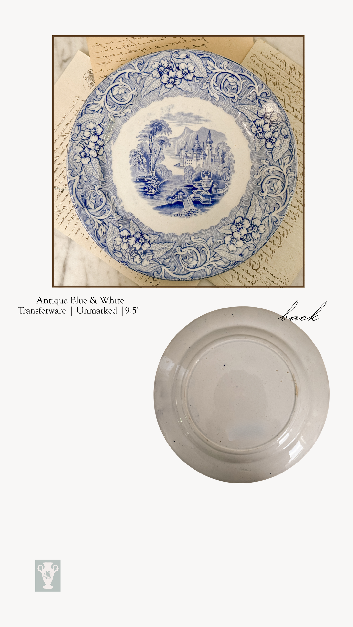 Antique blue and white transferware plate ￼