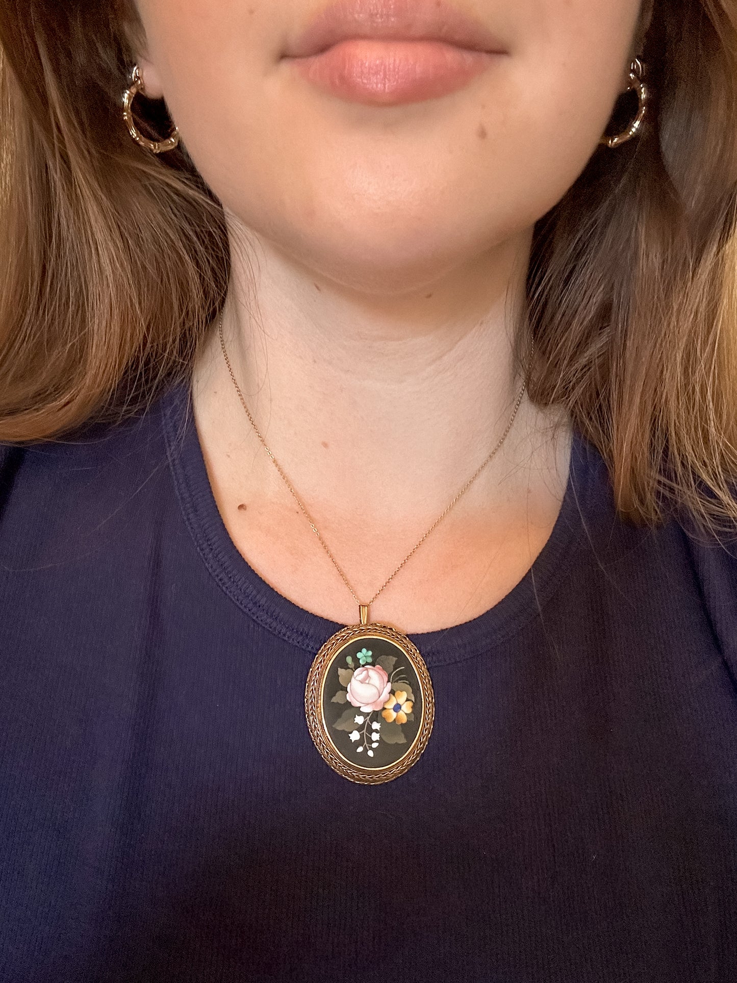 Antique 14kt Gold Pietra Dura Floral Pendant