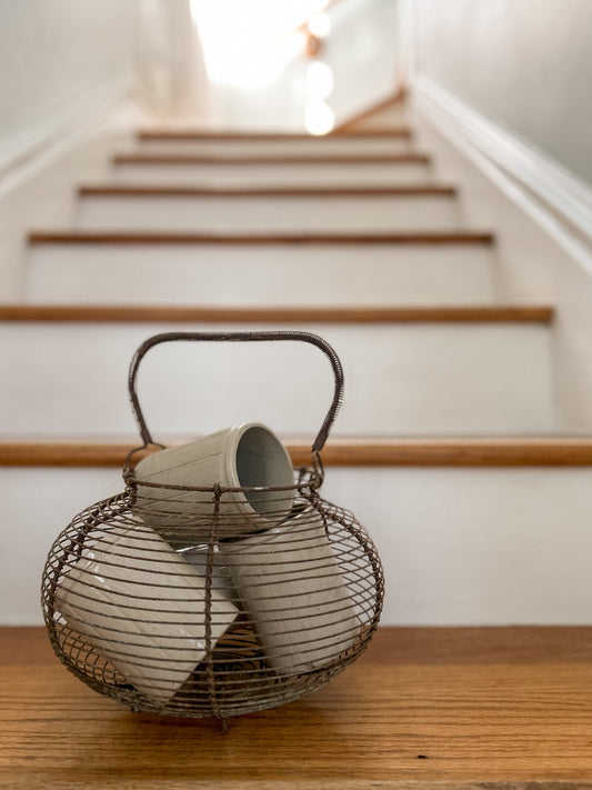 Antique French Egg Basket with 4 Marmalade Jars