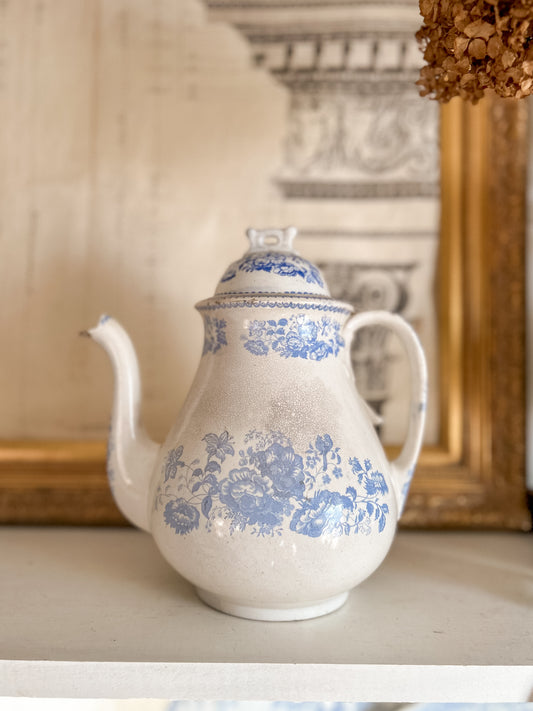 19th C. Blue Transferware Coffee Pot, “Persian Rose” by Baker & Co.