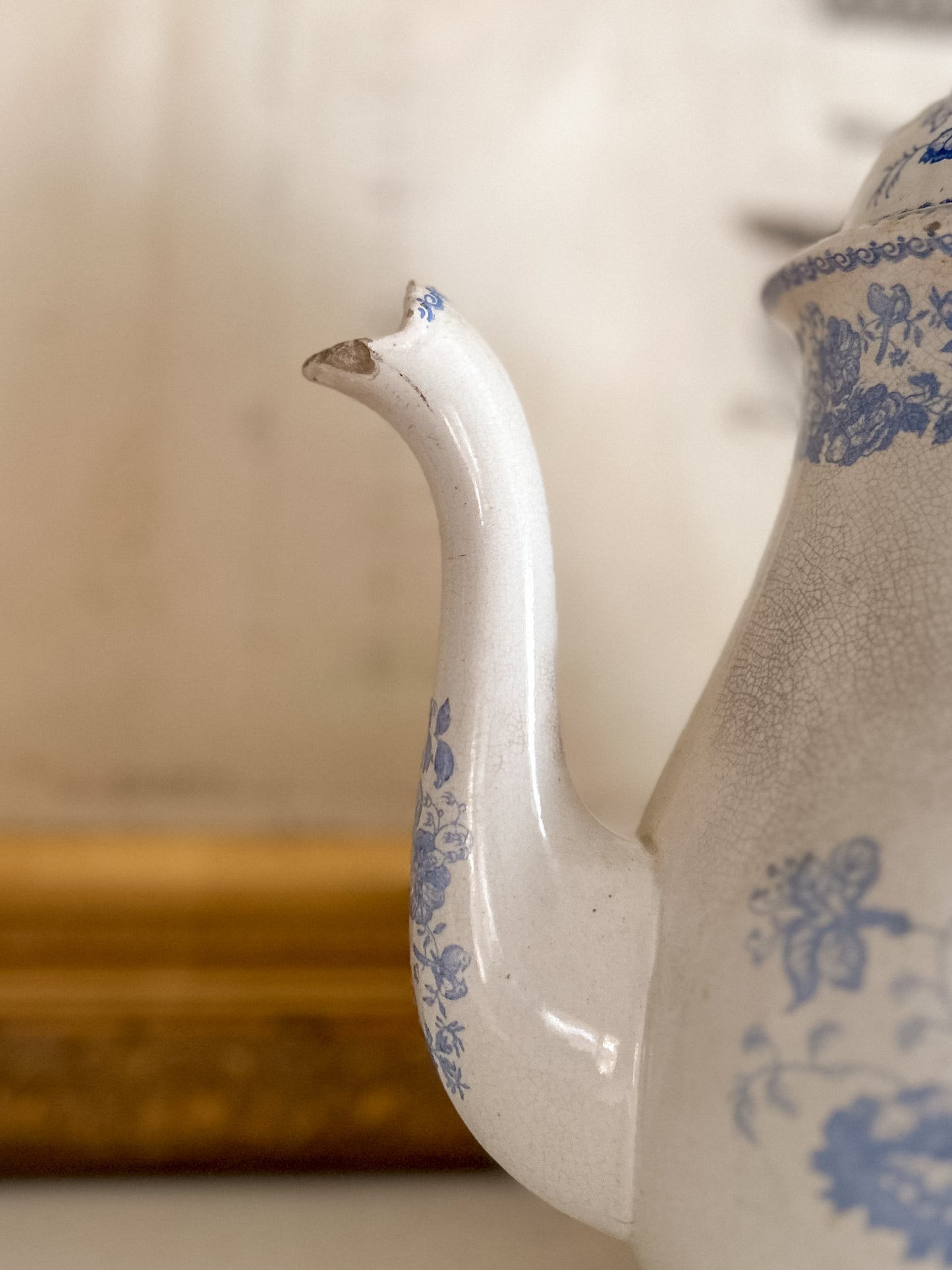 19th C. Blue Transferware Coffee Pot, “Persian Rose” by Baker & Co.