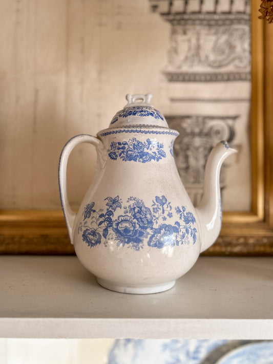19th C. Blue Transferware Coffee Pot, “Persian Rose” by Baker & Co.