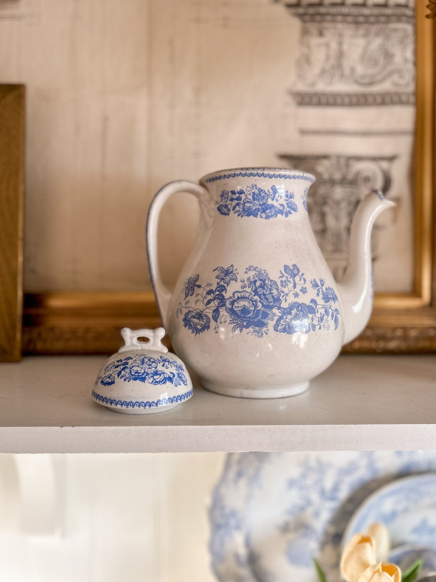 19th C. Blue Transferware Coffee Pot, “Persian Rose” by Baker & Co.