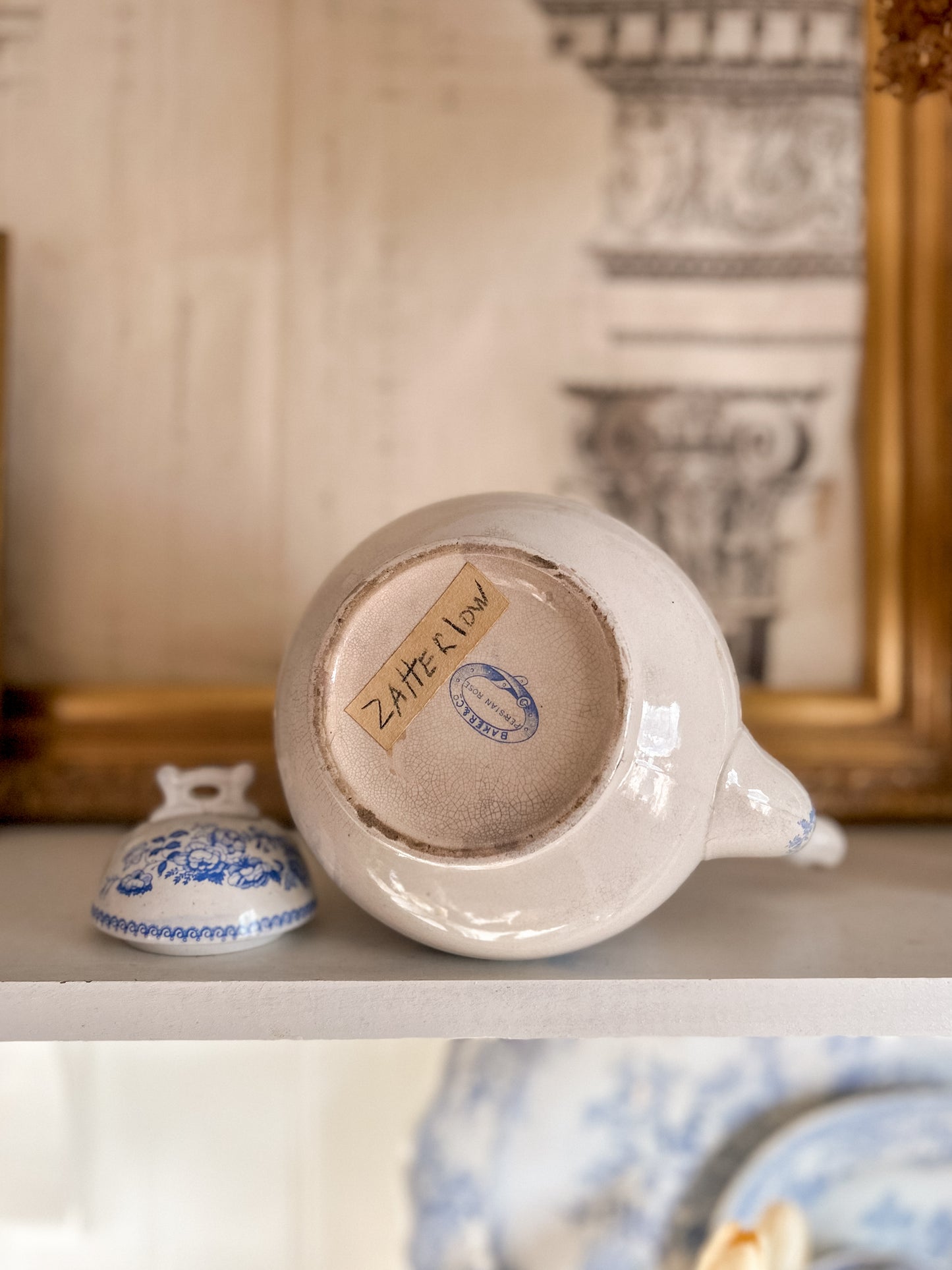 19th C. Blue Transferware Coffee Pot, “Persian Rose” by Baker & Co.