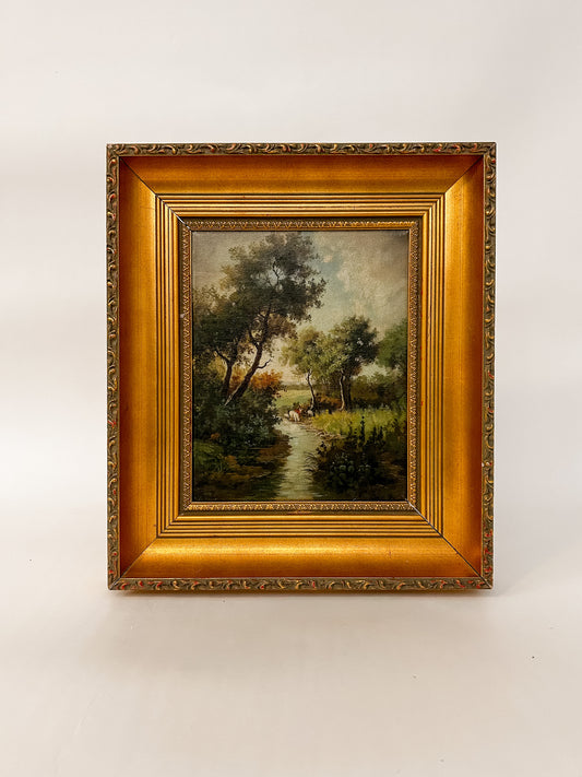 Vintage Oil on Canvas | Pastoral River Scene