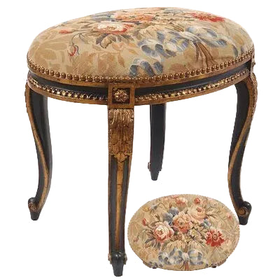Vintage French Provincial Stool with Tapestry Fabric Upholstery