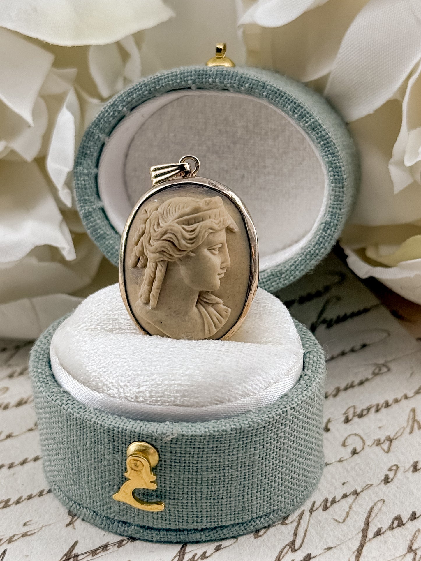 Antique Grand Tour Lava Stone Cameo Pendant with Gold Filled Bezel