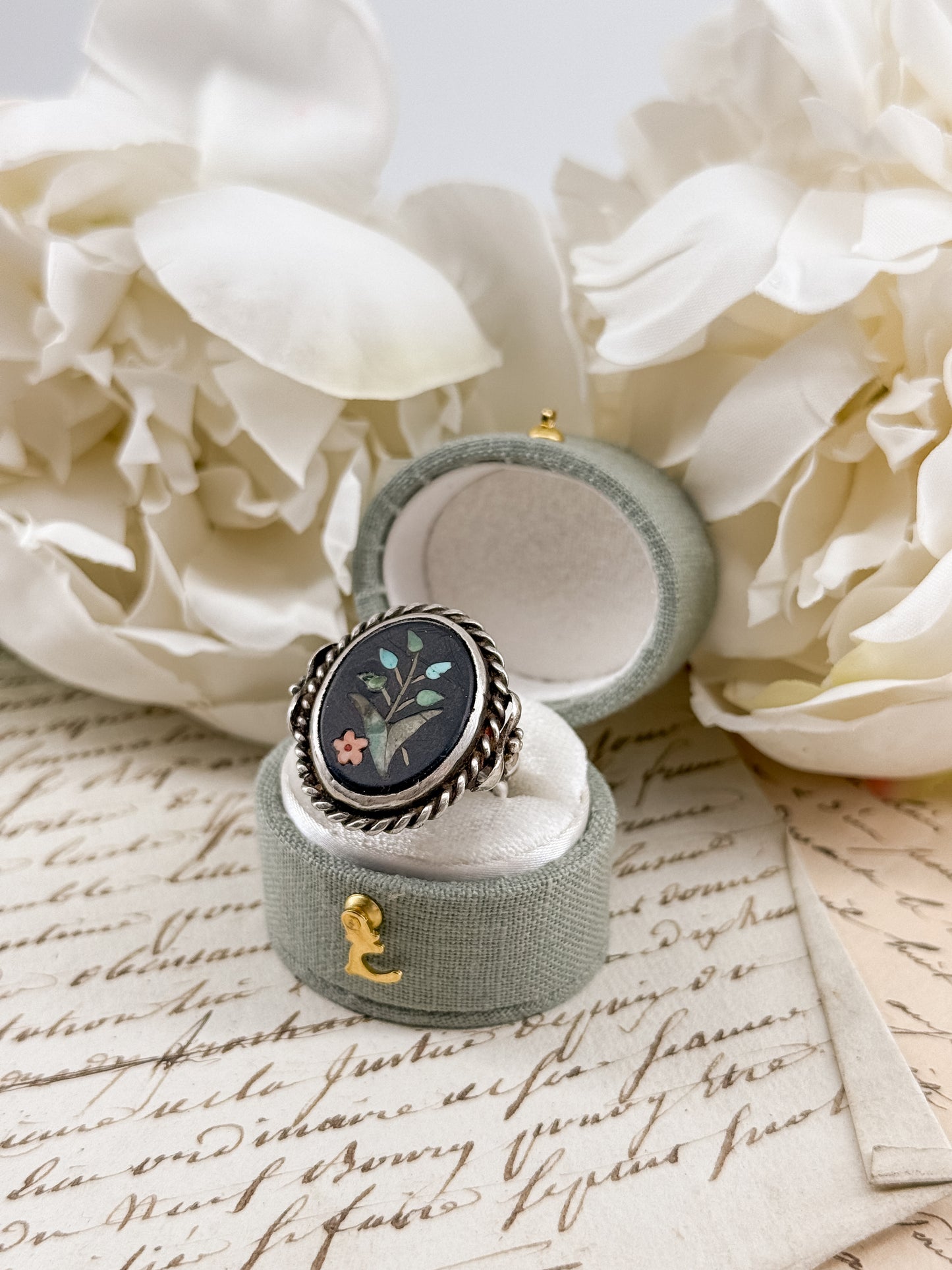 Sterling Silver Pietra Dura Floral Ring