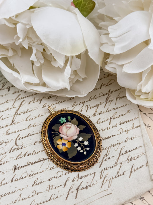 Antique 14kt Gold Pietra Dura Floral Pendant