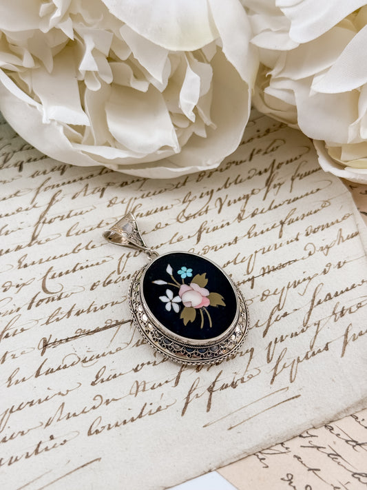 Antique Victorian Pietra Dura Floral Sterling Silver Locket Pendant