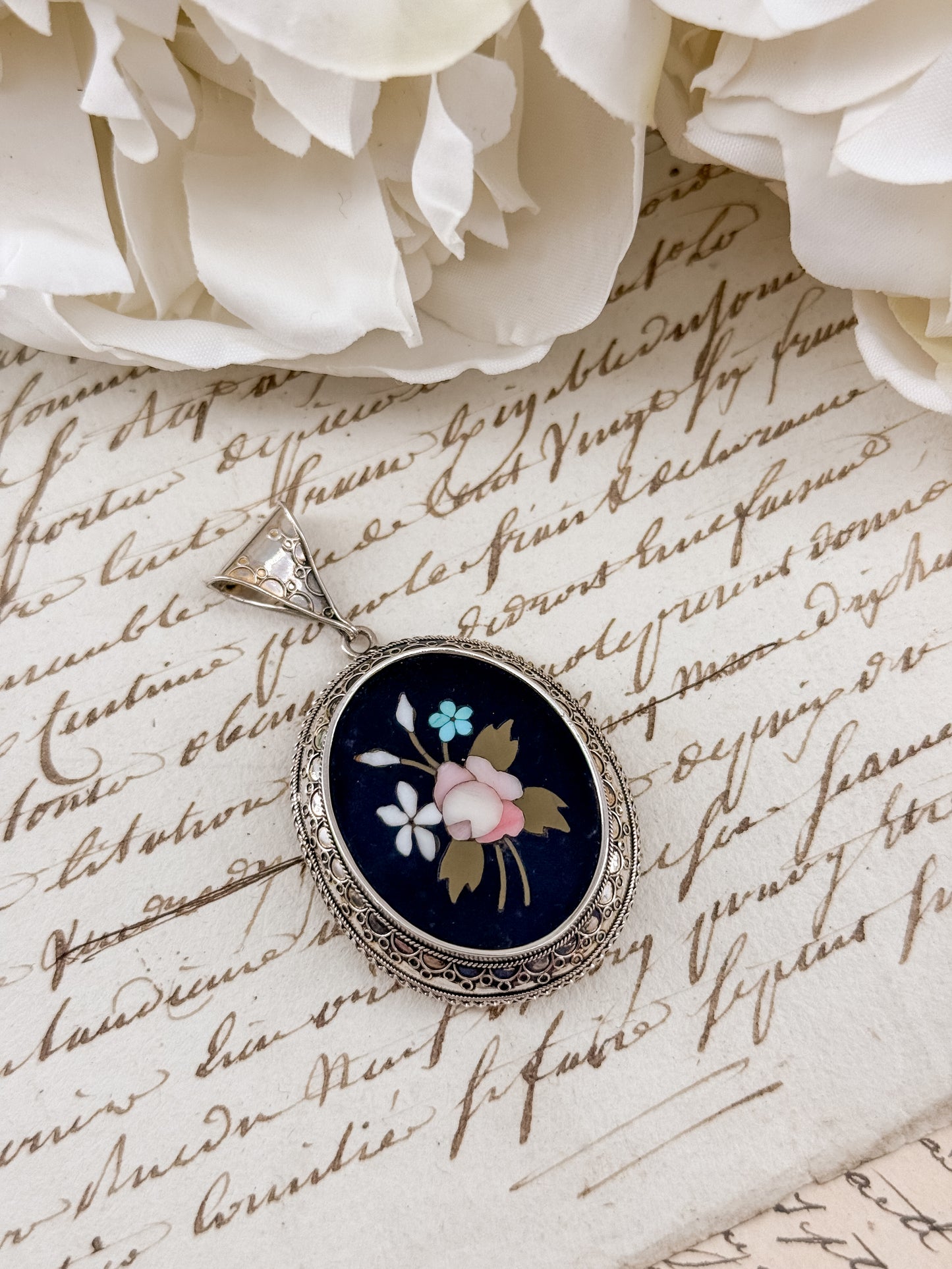 Antique Victorian Pietra Dura Floral Sterling Silver Locket Pendant