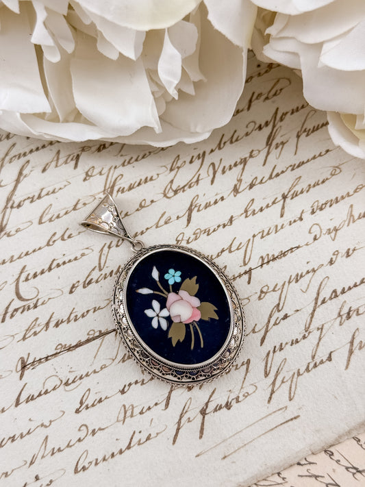 Antique Victorian Pietra Dura Floral Sterling Silver Locket Pendant