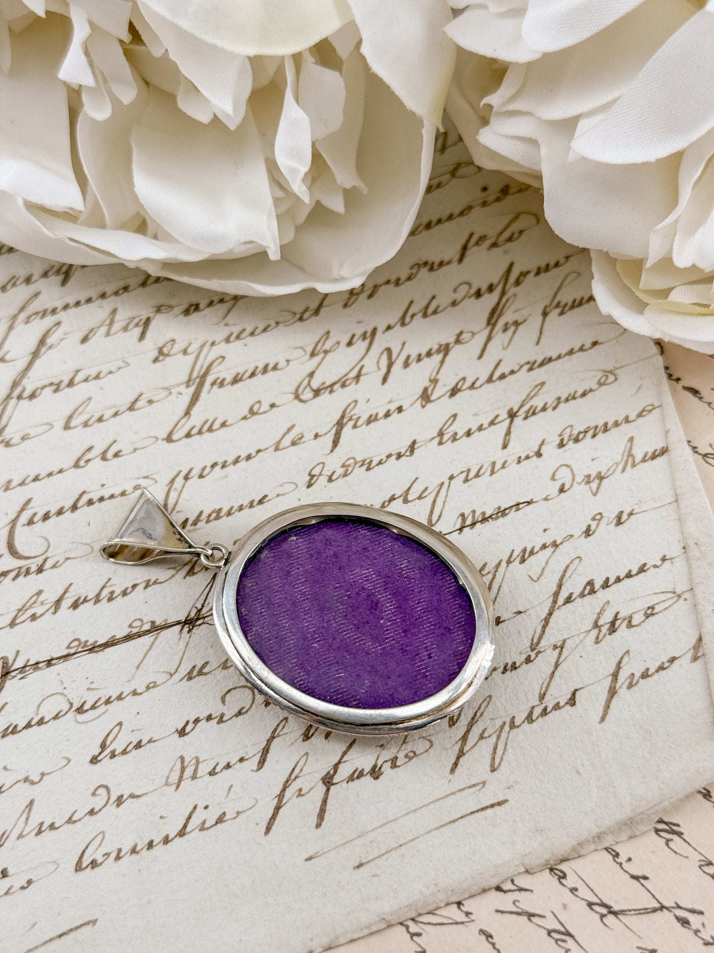 Antique Victorian Pietra Dura Floral Sterling Silver Locket Pendant