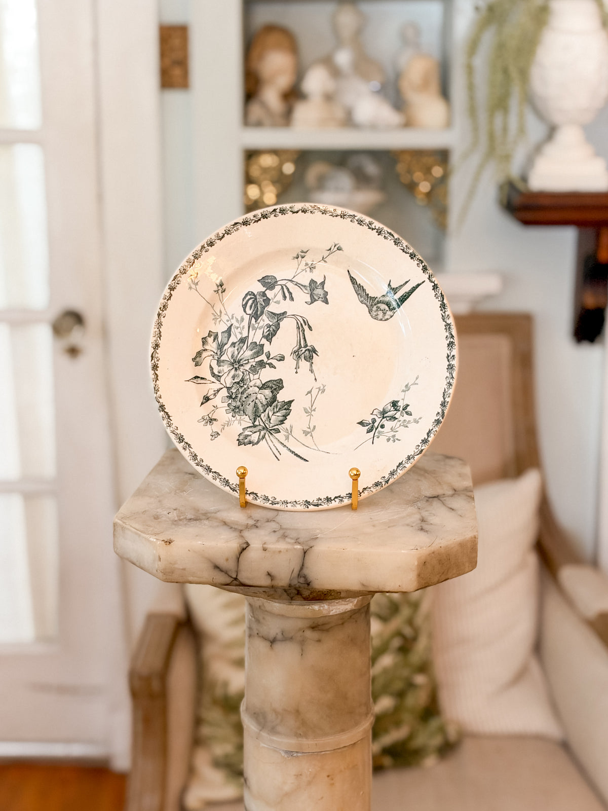 Antique French Green Floral and Bird Terre de Fer Transferware Plate with E. Bourgeois Stamp