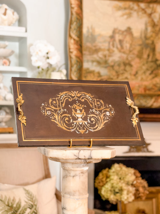 Antique 19th C. Napoleon III Wooden Tray with Brass and Mother-of-Pearl Scrollwork Inlay