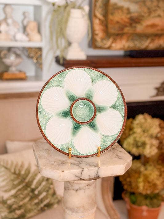 Vintage French Majolica Oyster Plate with Green Basketweave and Shell Wells