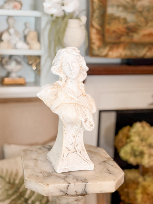 Vintage French Chalkware Female Bust with Floral Detailing