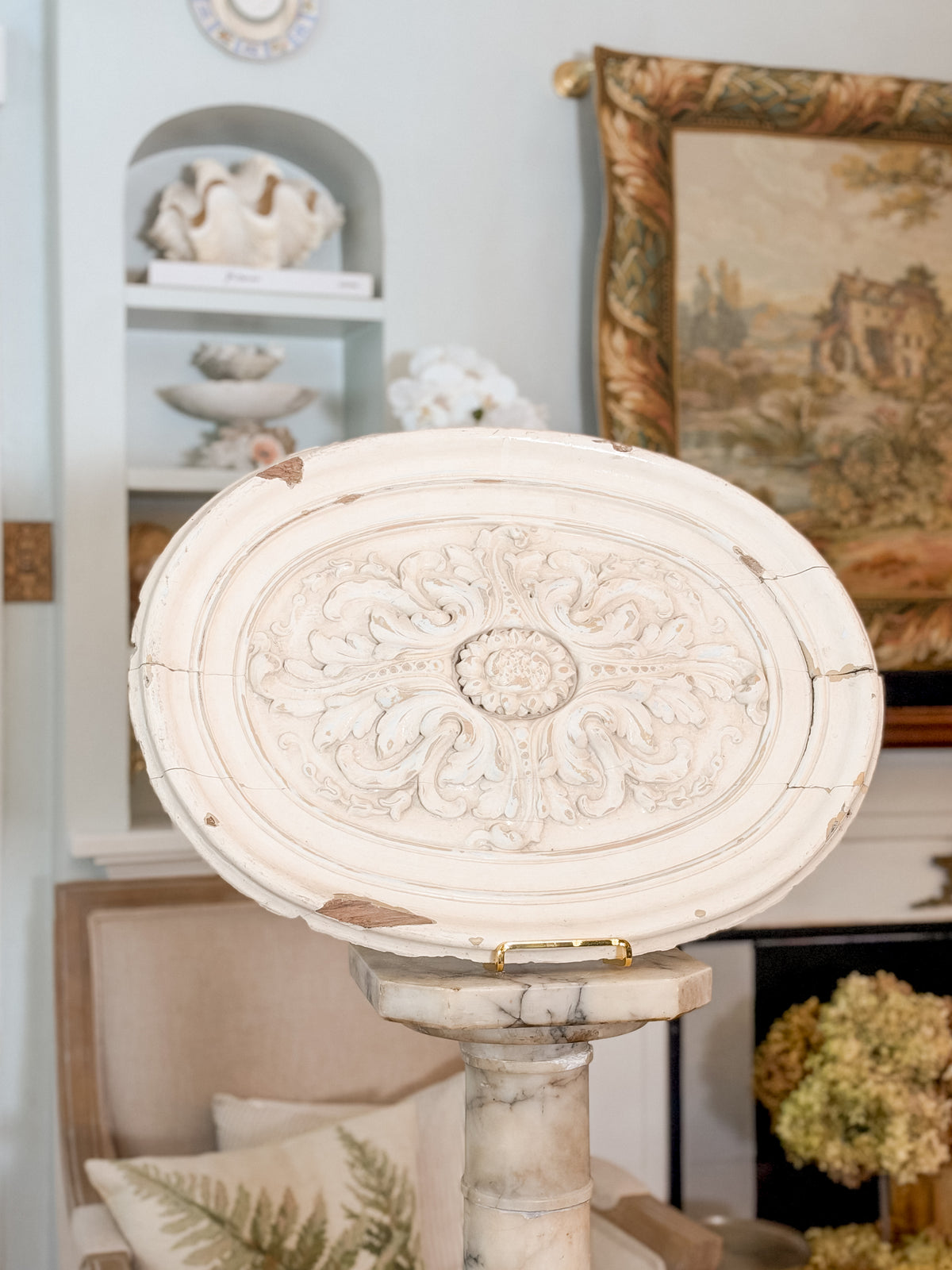 Antique French Solid Wood Oval Architectural Medallion with Foliate Relief