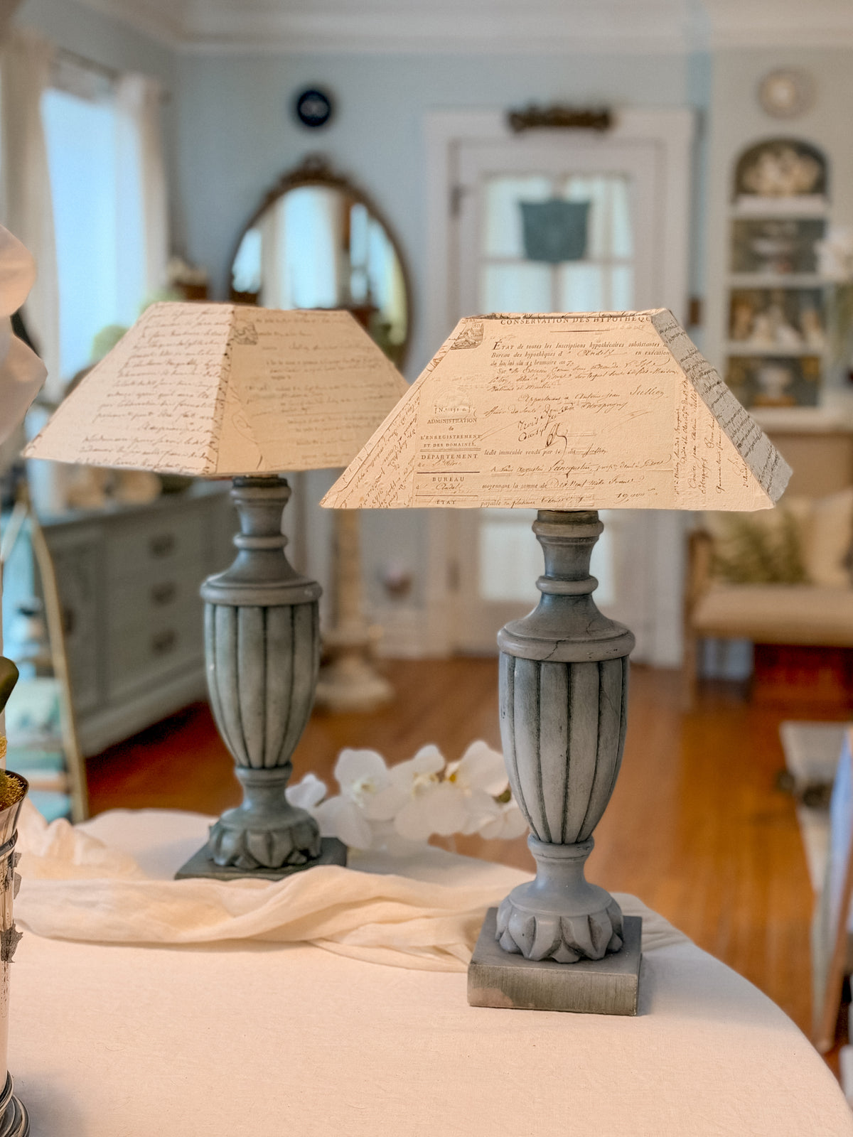 Pair of Sage-Blue Alabaster Lamps with 18th–19th-Century French Handwritten Document Shades