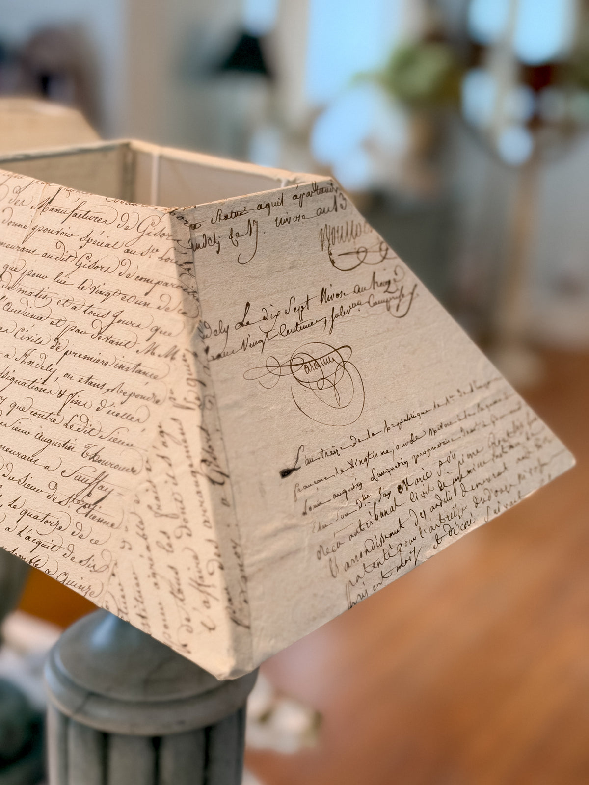Pair of Sage-Blue Alabaster Lamps with 18th–19th-Century French Handwritten Document Shades