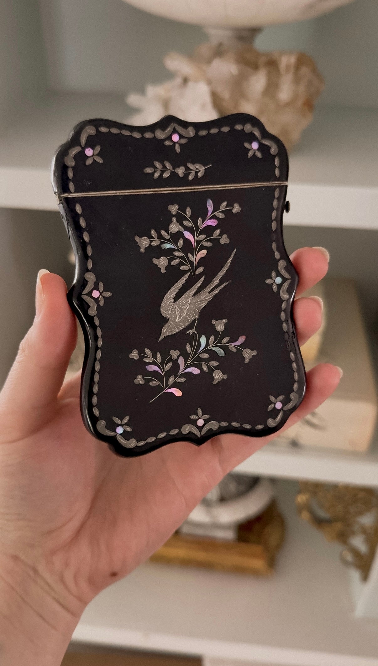 Antique Ebonized Wood, Silverplate, and Mother of Pearl/ Abalone Calling Card Case